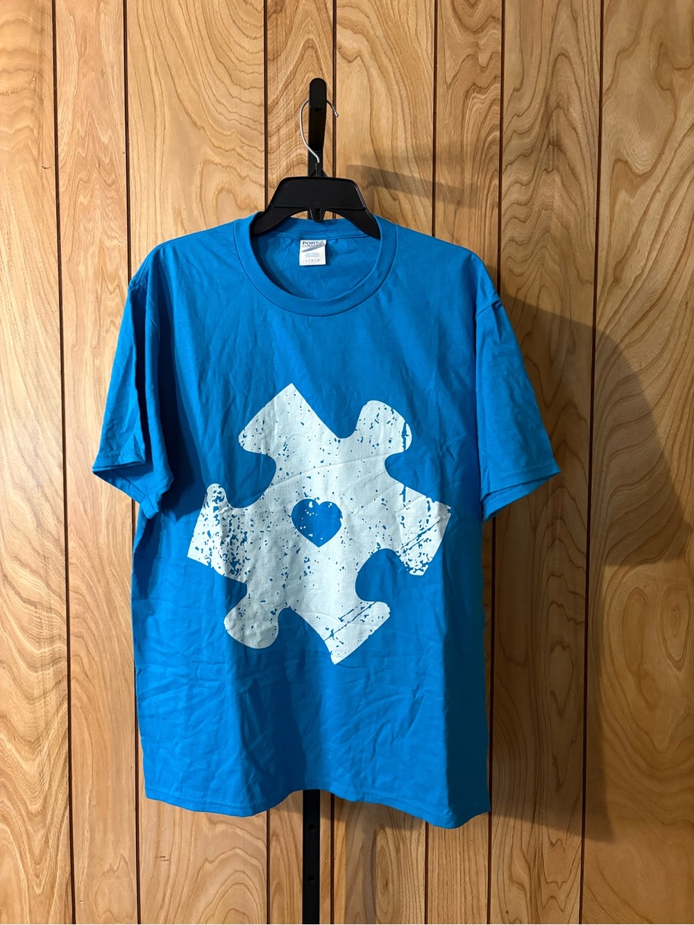 Port and Company Blue Short-Sleeve Tee with White Puzzle Heart Graphic